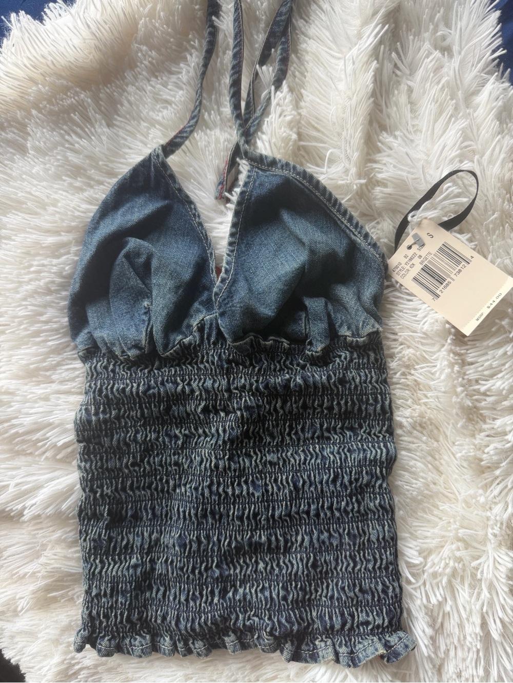 Guess Women's Dark Blue Denim Halter Smocked Crop Top